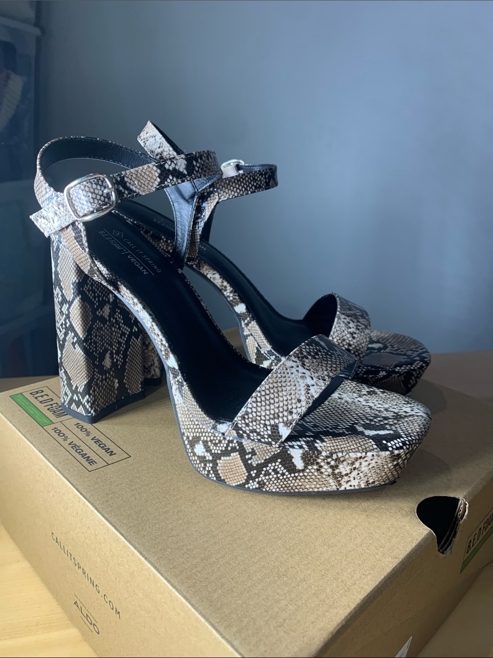Call It Spring Snake-Print Platform Block Heels - Beige Black